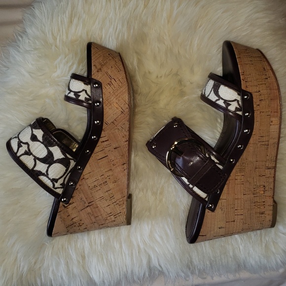 Coach Platform Wedge Open Toe Slide Sandals Brown Tan 6 - Picture 10 of 10